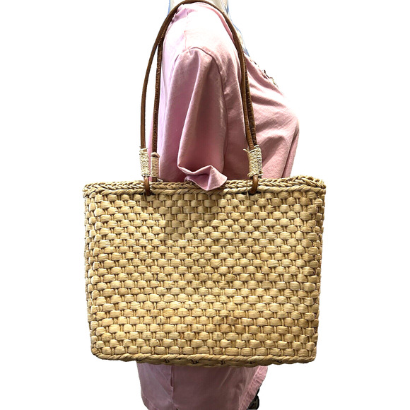 Women’s Beach Beige Straw Woven Square Medium Tote Bag Purse Beads and Sequins - Picture 5 of 7